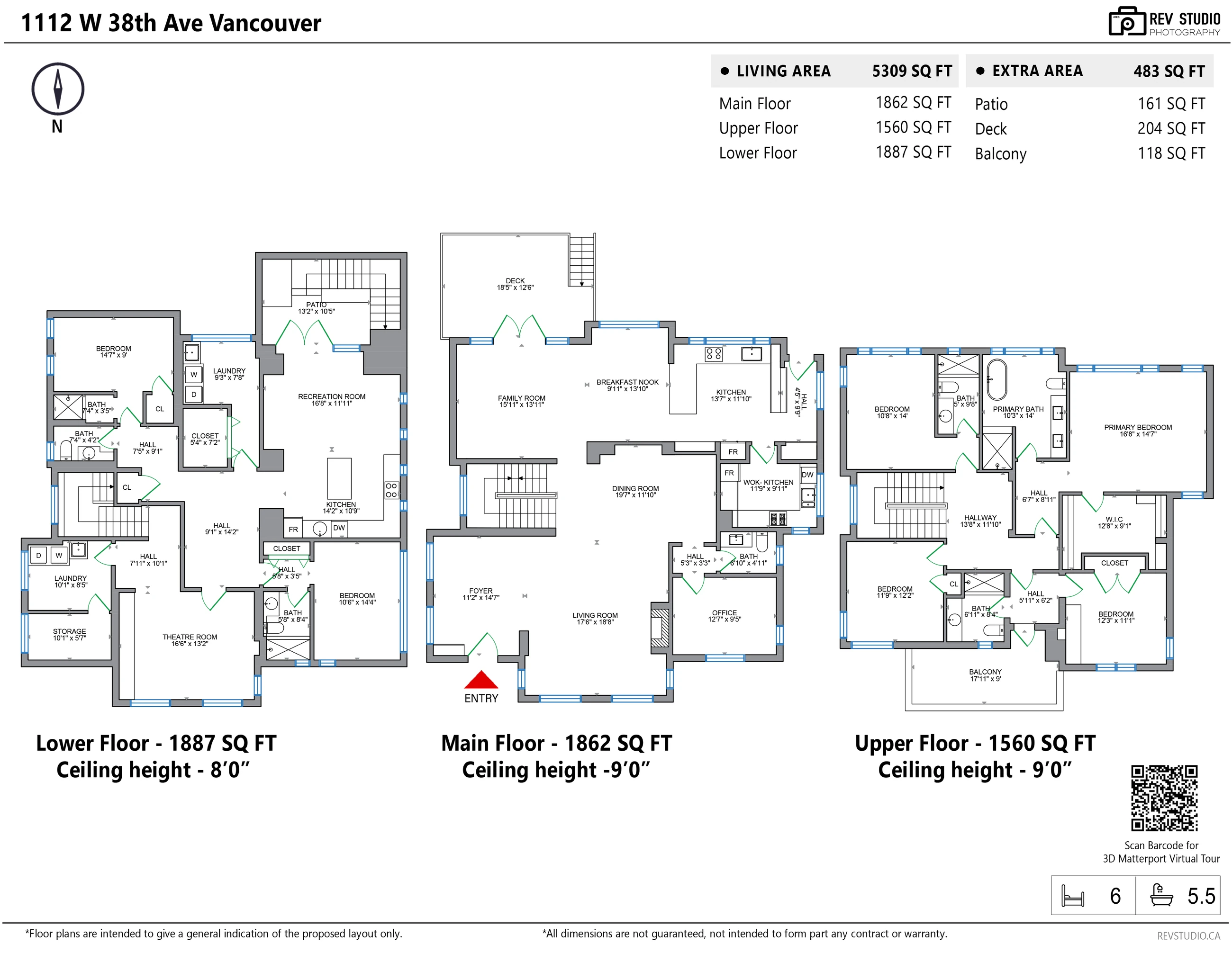 Measured floor plan of 1112 West 38th Avenue over three floors: lower floor with a kitchen, recreation room, theatre room, two bedrooms, two bathrooms and two laundries; main floor with living, dining, family room, nook, kitchen, wok kitchen, office and powder room; upper floor with four bedrooms and three bathrooms