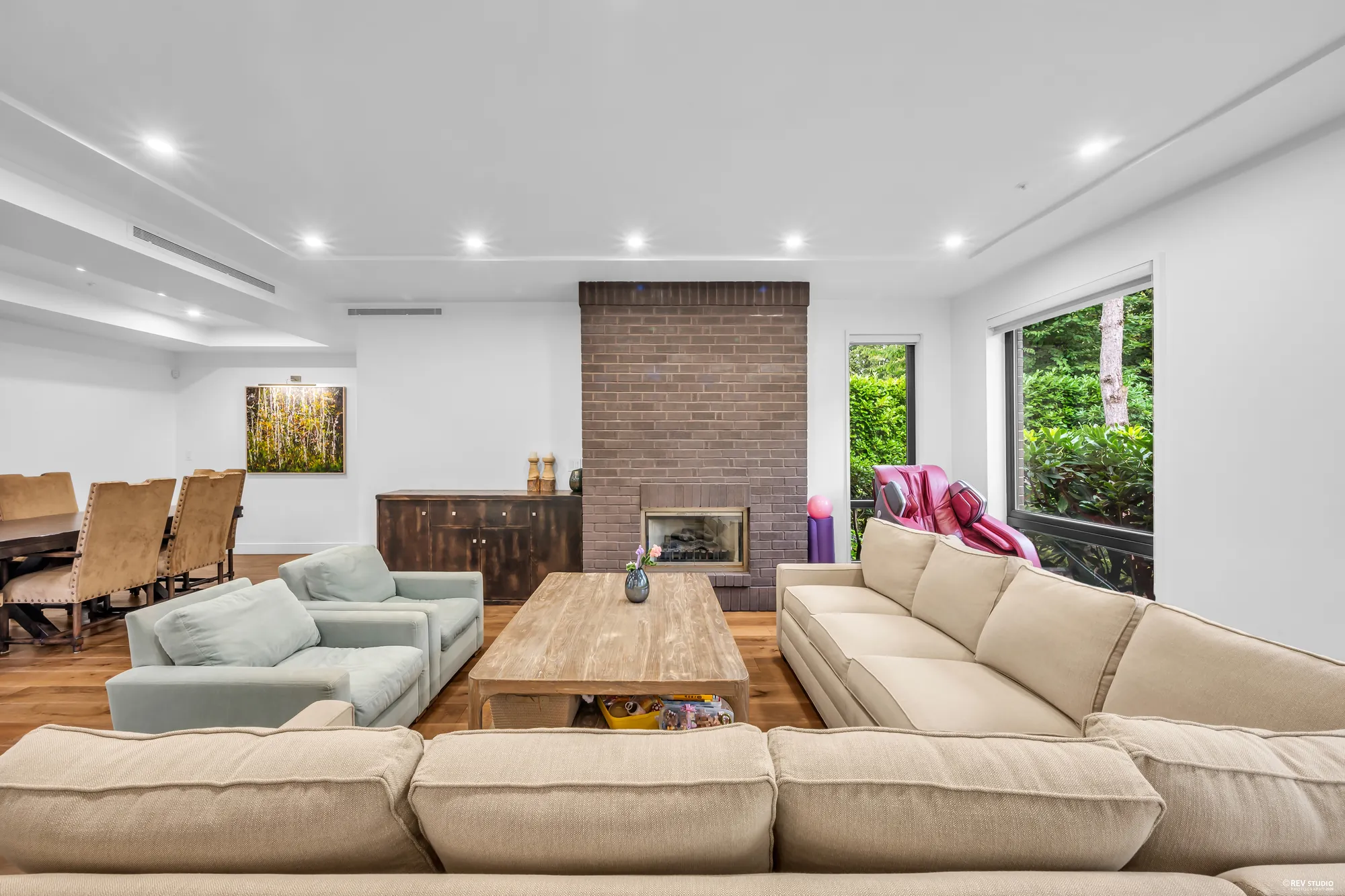 The living room toward the dining room, the fireplace on the right